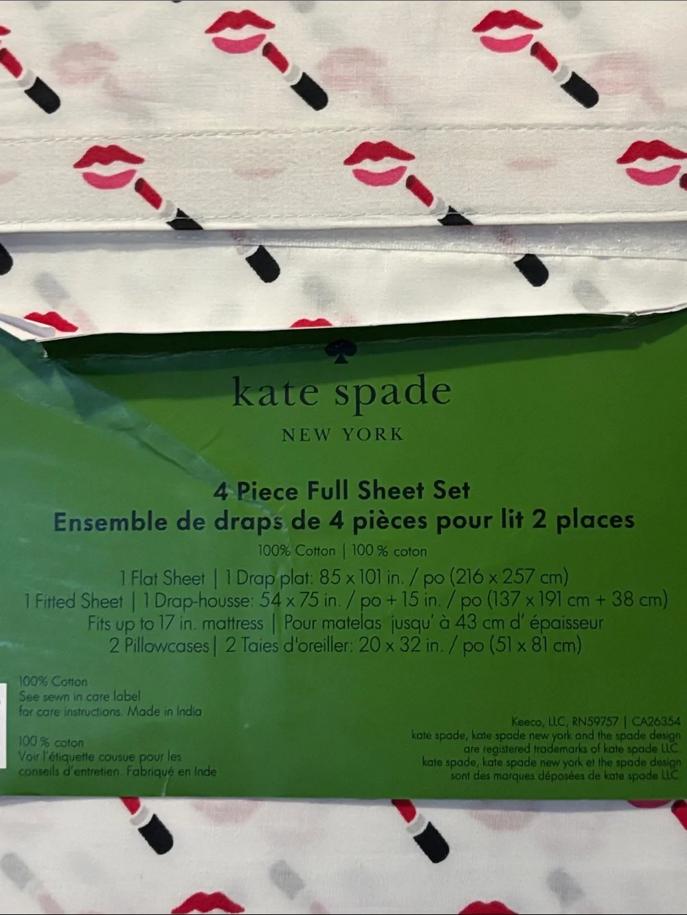 NWT Kate Spade Lipstick Full Sheet Set
